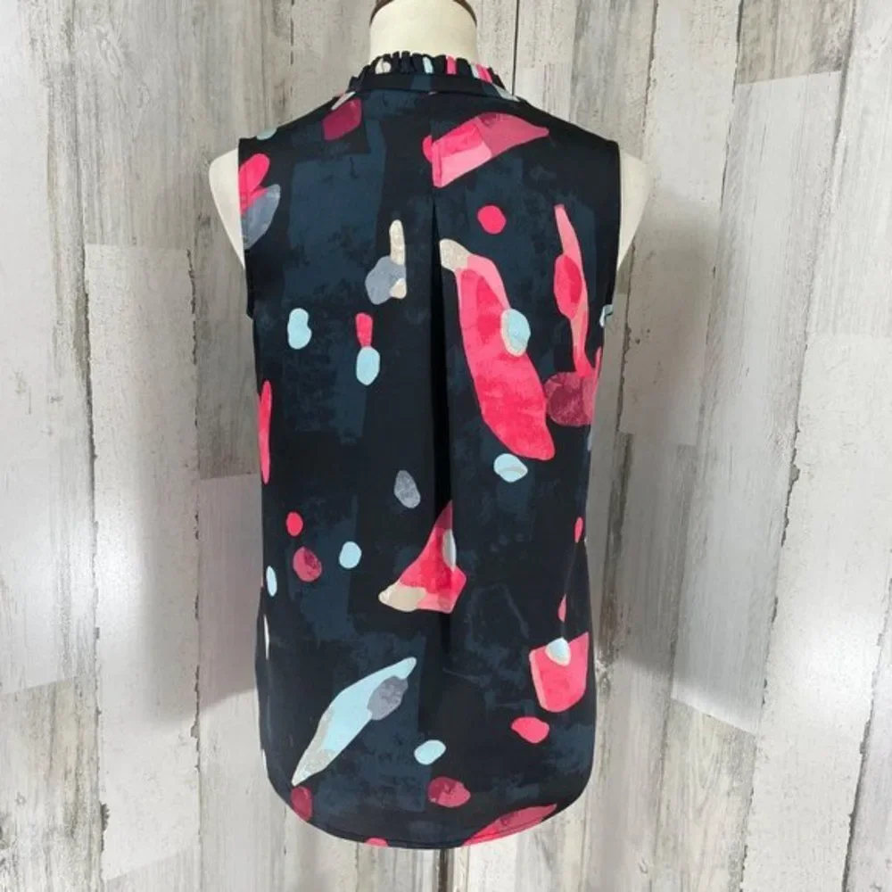 Nic + Zoe Women's Black Pink Print V Neck Sleeveless Shirt Top Blouse Sz XS‎